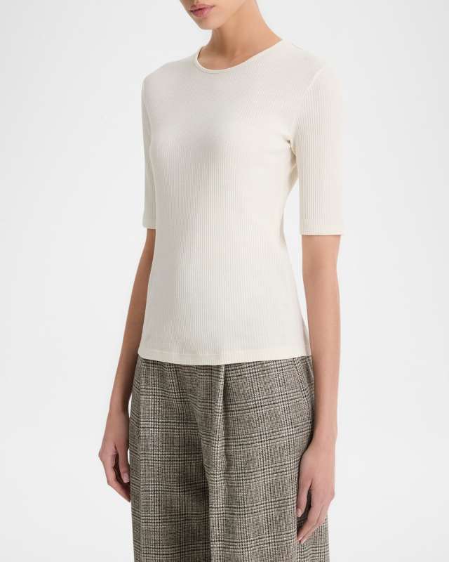 Ribbed Elbow-Sleeve Crewneck Top